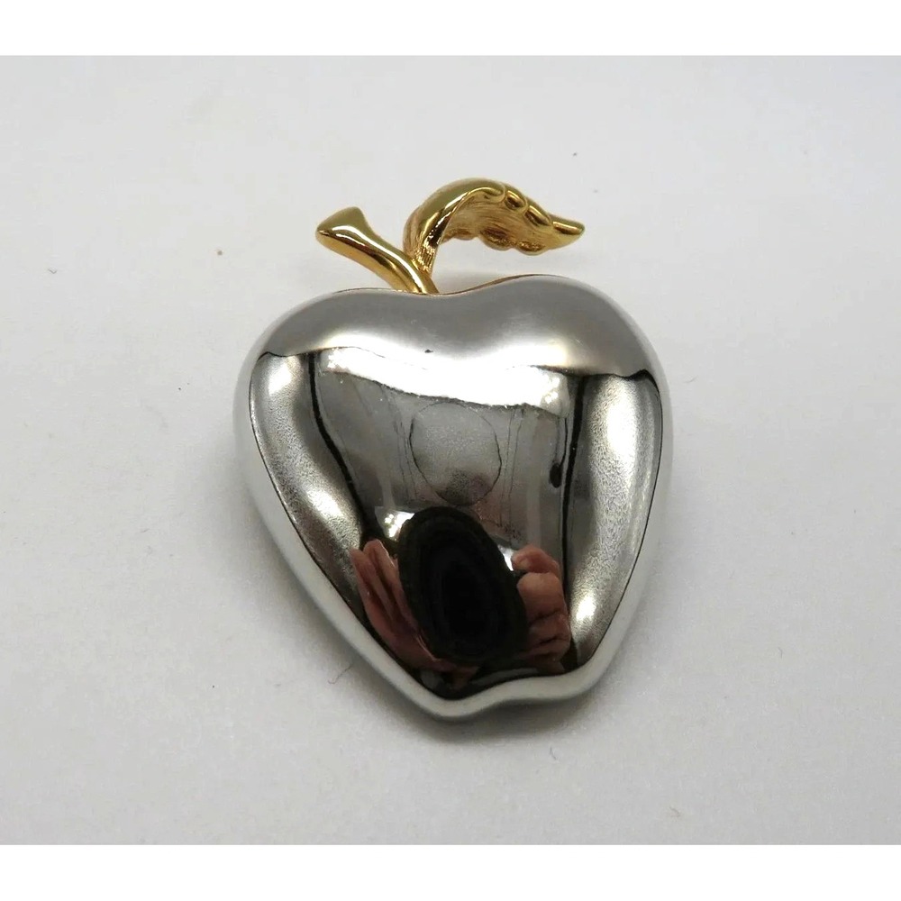 Vintage Liz Claiborne Apple Brooch Silver Tone Gold Leaf Heart Pin Jewelry